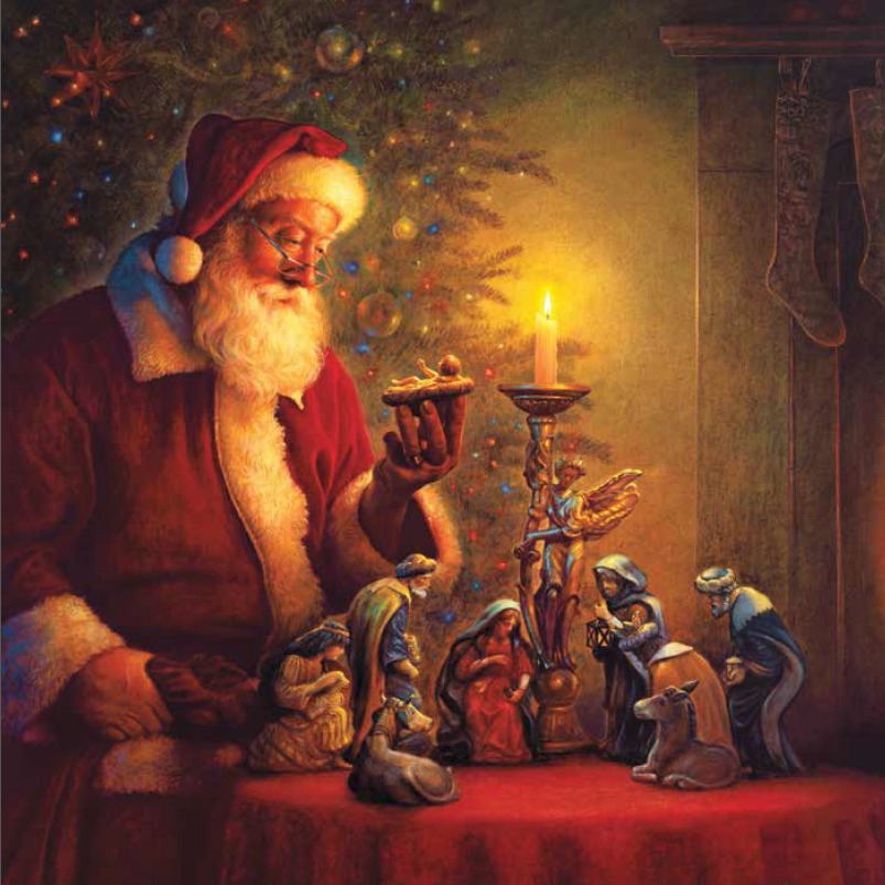 Père Noël regardant le santon représentant le bébé Jésus