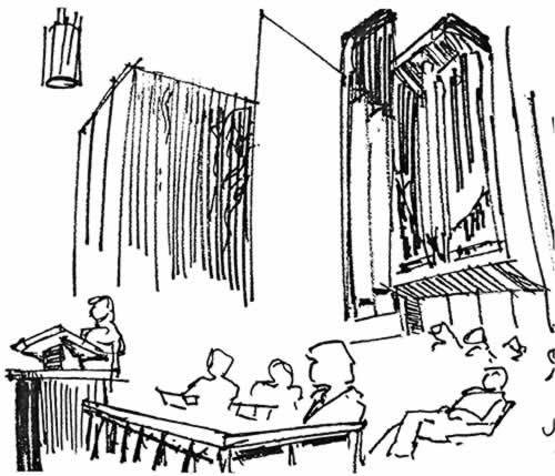 lors d'une conférence dans une chapelle