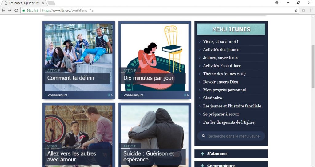 menu d'accès aux pages dédiées aux jeunes sur lds.org